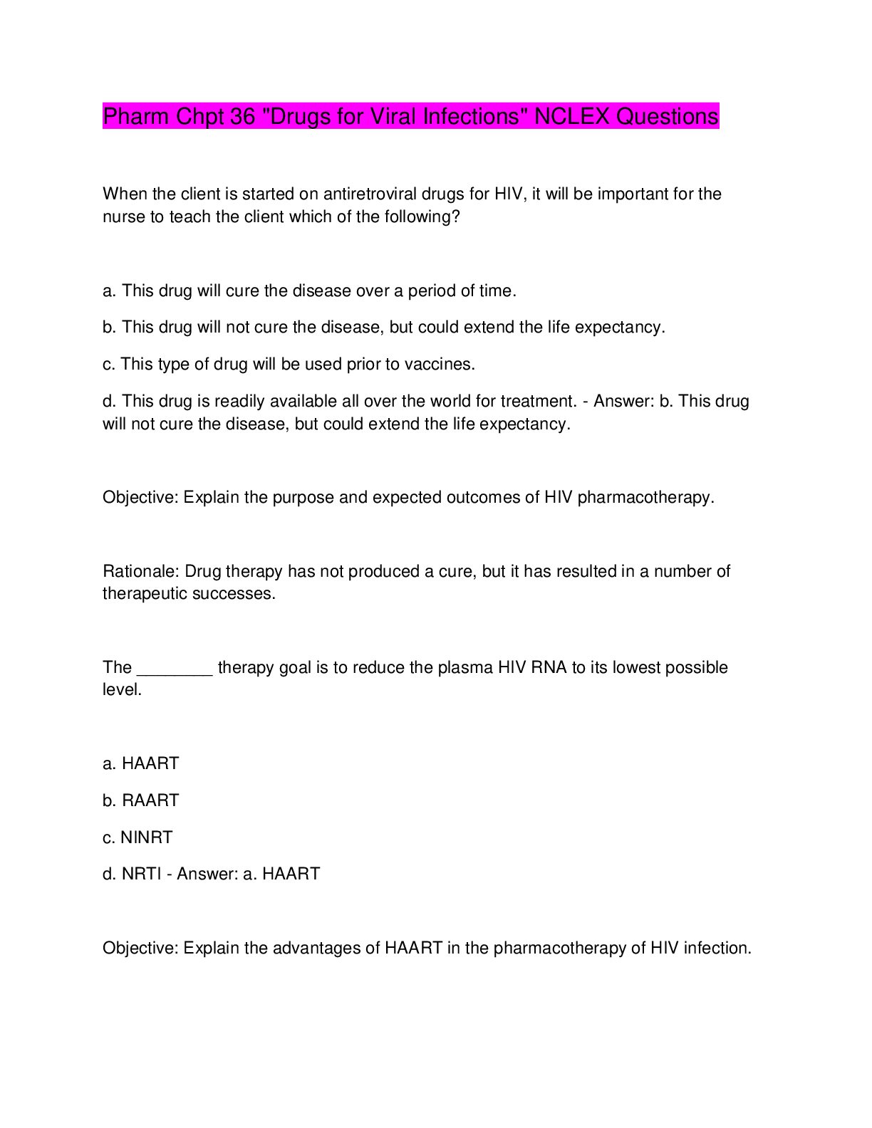 Preview image for Pharm Chpt 36 "Drugs for Viral Infections" NCLEX Questions